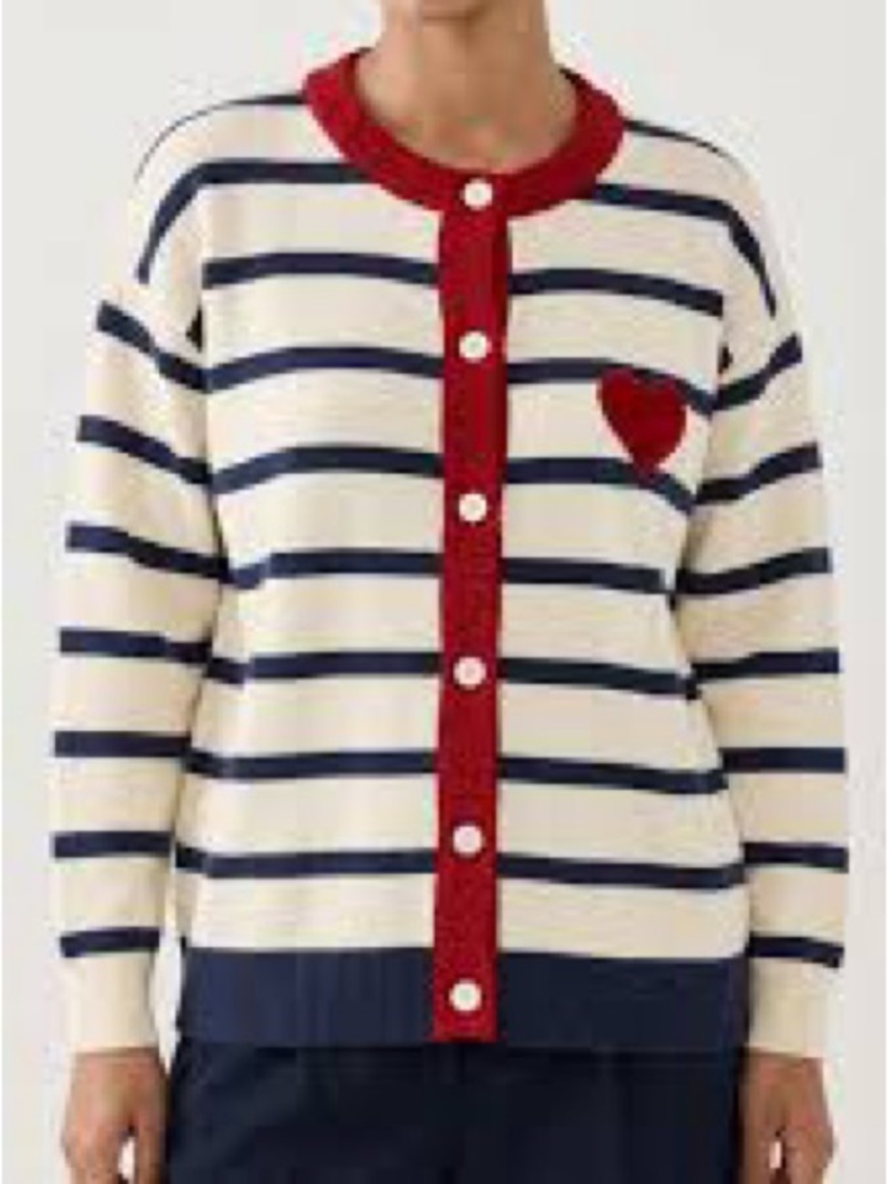 Striped Navy & Cream Cardigan with Red Trim and Heart